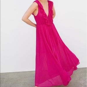 ZARA Pink Pleated Sleeveless Ruffle Maxi Dress